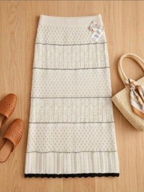 NWT Pink Republic Cream Crochet Knit Midi Skirtp Black Scalloped Hem Size XL